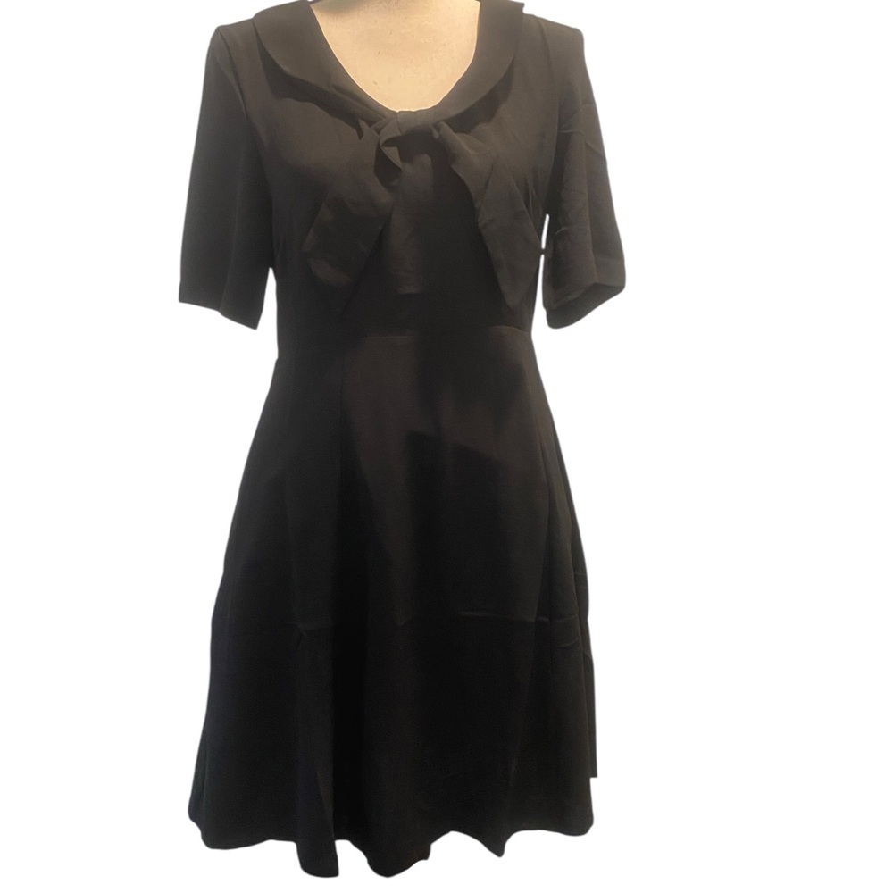 Women’s Black Vintage Inspired Short Sleeve Midi VNeck Tie Pockets New Size M